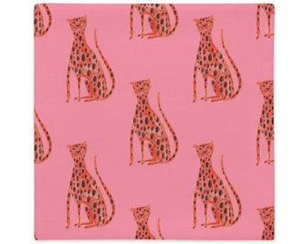 Bold and Playful Pink Pillow Cover with Orange Cartoon Cheetahs Print - Perfect Accent for a Fun and Vibrant Room!