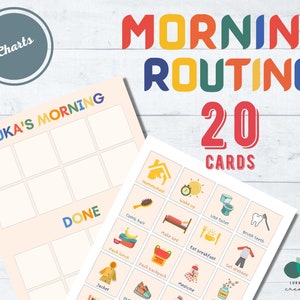 May include: A set of 20 colorful cards with illustrations for a morning routine. The cards feature images of activities like brushing teeth, making the bed, and eating breakfast. The text "Morning Routine 20 Cards" is at the top of the image.