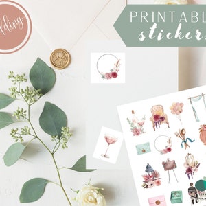 May include: Printable wedding stickers featuring watercolor illustrations of a champagne flute, a bouquet of flowers, a chair, a lantern, a cake, and other wedding-themed designs. The stickers are on a white background and the text "PRINTABLE stickers" is at the top of the sheet.