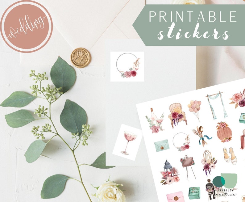 May include: Printable wedding stickers featuring watercolor illustrations of a champagne flute, a bouquet of flowers, a chair, a lantern, a cake, and other wedding-themed designs. The stickers are on a white background and the text "PRINTABLE stickers" is at the top of the sheet.