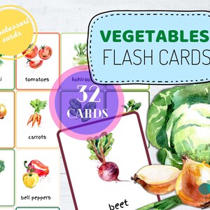 Montessori driedelige groenten (32 kaarten) Flash-kaarten, aquarel Flash-kaarten voor thuisonderwijs, leerkaarten voor peuters