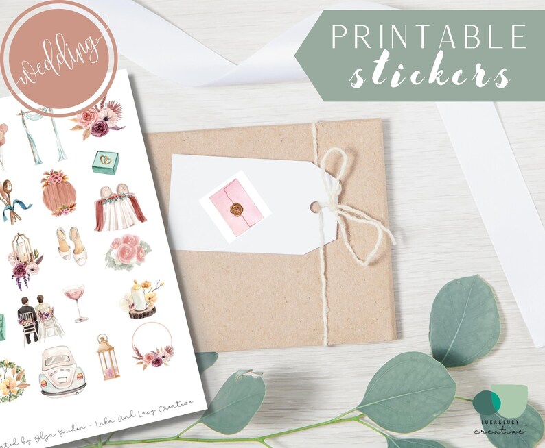 May include: Printable wedding stickers featuring illustrations of a wedding arch, a bouquet, a ring box, a wedding dress, a pair of shoes, a lantern, a car, a wreath, a champagne flute, a cake, and a couple. The stickers are on a white background with the text "wedding" in a circle at the top and "Printable stickers" in a green rectangle at the top right.