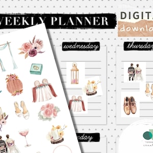 May include: A digital download of wedding planner stickers. The stickers feature watercolor illustrations of wedding-related items, such as a wedding arch, a bouquet of flowers, a pair of wedding shoes, a wedding cake, and a wedding ring box. The stickers are perfect for adding a personal touch to your wedding planner.