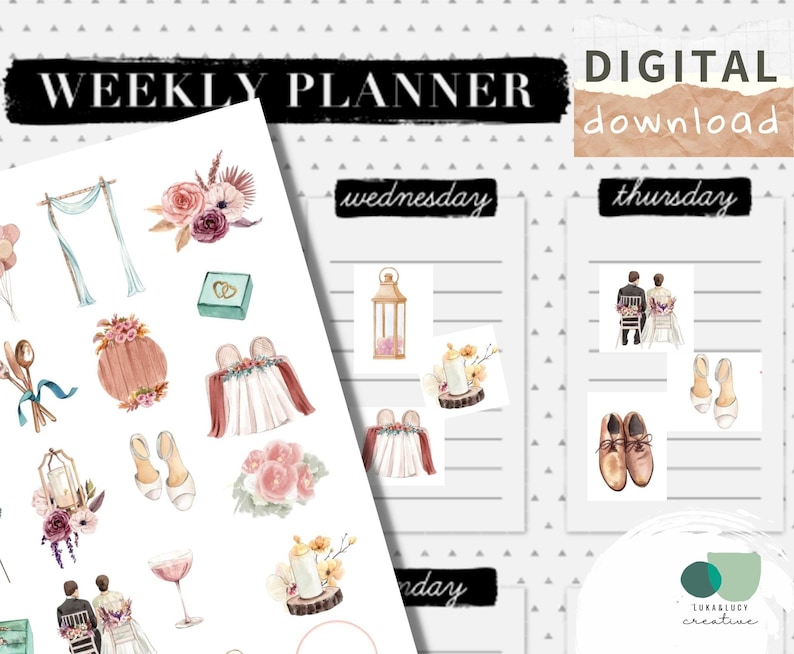 May include: A digital download of wedding planner stickers. The stickers feature watercolor illustrations of wedding-related items, such as a wedding arch, a bouquet of flowers, a pair of wedding shoes, a wedding cake, and a wedding ring box. The stickers are perfect for adding a personal touch to your wedding planner.