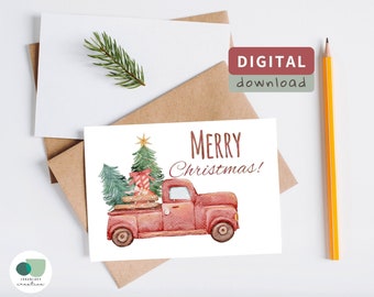 Printable Christmas Greeting Card Instant Download 7x5 in, Vintage Cards, Xmas Truck Card To Download, Foldable Christmas Card