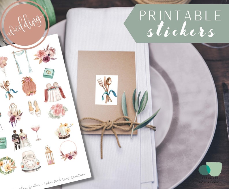 May include: Printable wedding stickers featuring watercolor illustrations of a wedding arch, flowers, a cake, a car, a lantern, and more. The stickers are on a white sheet with the text "wedding" in a pink circle at the top and "Blog Garden - Laka and Lucy Creative" at the bottom.