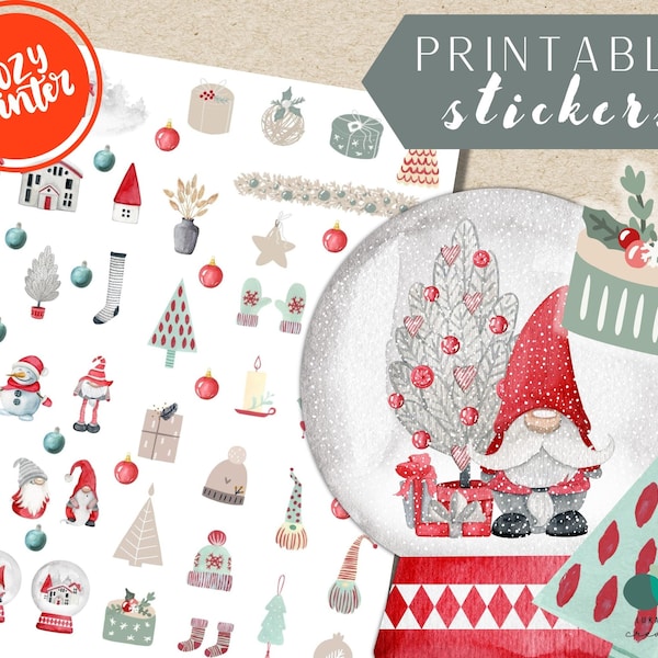 Printable Christmas Stickers Instant Download 8.5x11 in, Christmas Clearance, Cozy Winter Stickers, Scandinavian Christmas To Download