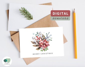 Printable Christmas Greeting Card Instant Download 7x5 in Cards For Christmas, Christmas Floral Card To Download, Foldable Christmas Card