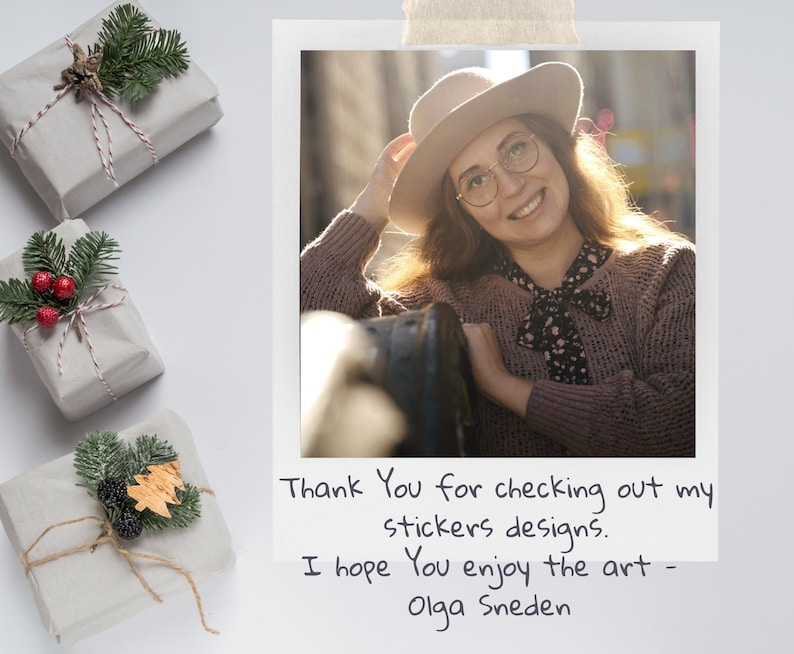 May include: A woman wearing a beige hat and glasses smiles at the camera. The photo is framed in a white Polaroid-style frame with a handwritten message that reads "Thank You for checking out my stickers designs. I hope You enjoy the art - Olga Sneden".