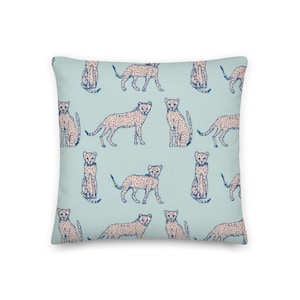 Adorable Blue And Pink Cheetah Print Throw Pillow, Animal Drawing Pillow, Illustration Cheetah Pillow Cover, Blue and Pink Pillow