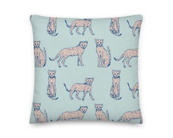 Adorable Blue And Pink Cheetah Print Throw Pillow, Animal Drawing Pillow, Illustration Cheetah Pillow Cover, Blue and Pink Pillow