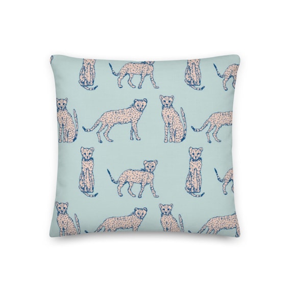 Adorable Blue And Pink Cheetah Print Throw Pillow, Animal Drawing Pillow, Illustration Cheetah Pillow Cover, Blue and Pink Pillow