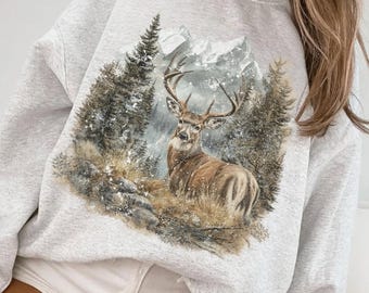 Retro Whitetail Buck Deer Winter Mountain Scene Sweatshirt Nineties 90s Vintage Deer Nature Lover Outfit Hunting Season Hunting Wife Gift