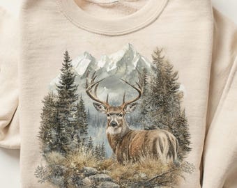 Retro Whitetail Buck Deer Winter Mountain Scene Sweatshirt Nineties 90s Vintage Deer Nature Lover Outfit Hunting Season Hunting Wife Gift