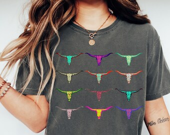 Camiseta con calavera de toro, sudadera con calavera de vaca para montar toros, estilo medio oeste, vaquera costera, estilo western boutique, camiseta con calavera de vaca, camiseta Yeehaw, vaquera disco