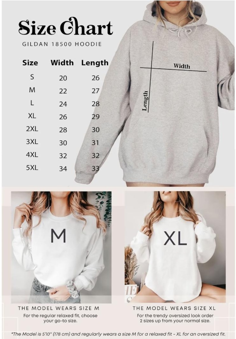 Puede incluir: Una tabla de tallas para una sudadera con capucha Gildan 18500, con medidas en cm para las tallas S a 5XL. La imagen tambi&eacute;n muestra a una persona con una sudadera con capucha gris y dos modelos con sudaderas blancas, una con una M y otra con una XL.