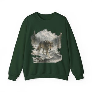 Sudadera retro de lobo de los 90, estilo vintage, con cuello redondo, estilo bohemio, unisex, estilo Cabincore, acogedor, temporada rústica, con lobos, para chica granola Forest Green