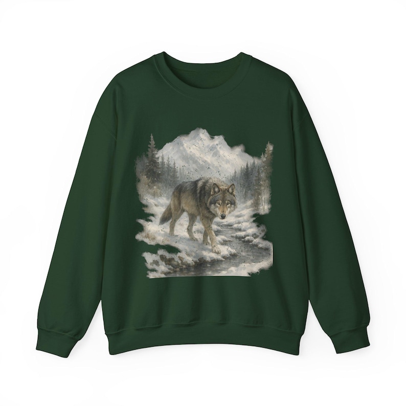 Sudadera retro de lobo de los 90, estilo vintage, con cuello redondo, estilo bohemio, unisex, estilo Cabincore, acogedor, temporada rústica, con lobos, para chica granola Forest Green