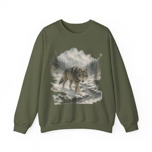 Sudadera retro de lobo de los 90, estilo vintage, con cuello redondo, estilo bohemio, unisex, estilo Cabincore, acogedor, temporada rústica, con lobos, para chica granola Military Green