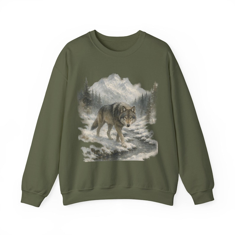 Sudadera retro de lobo de los 90, estilo vintage, con cuello redondo, estilo bohemio, unisex, estilo Cabincore, acogedor, temporada rústica, con lobos, para chica granola Military Green