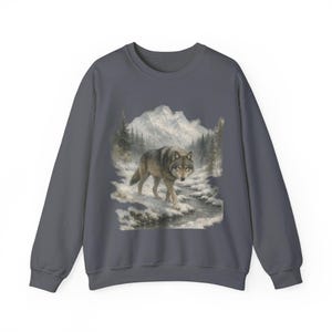 Sudadera retro de lobo de los 90, estilo vintage, con cuello redondo, estilo bohemio, unisex, estilo Cabincore, acogedor, temporada rústica, con lobos, para chica granola Charcoal