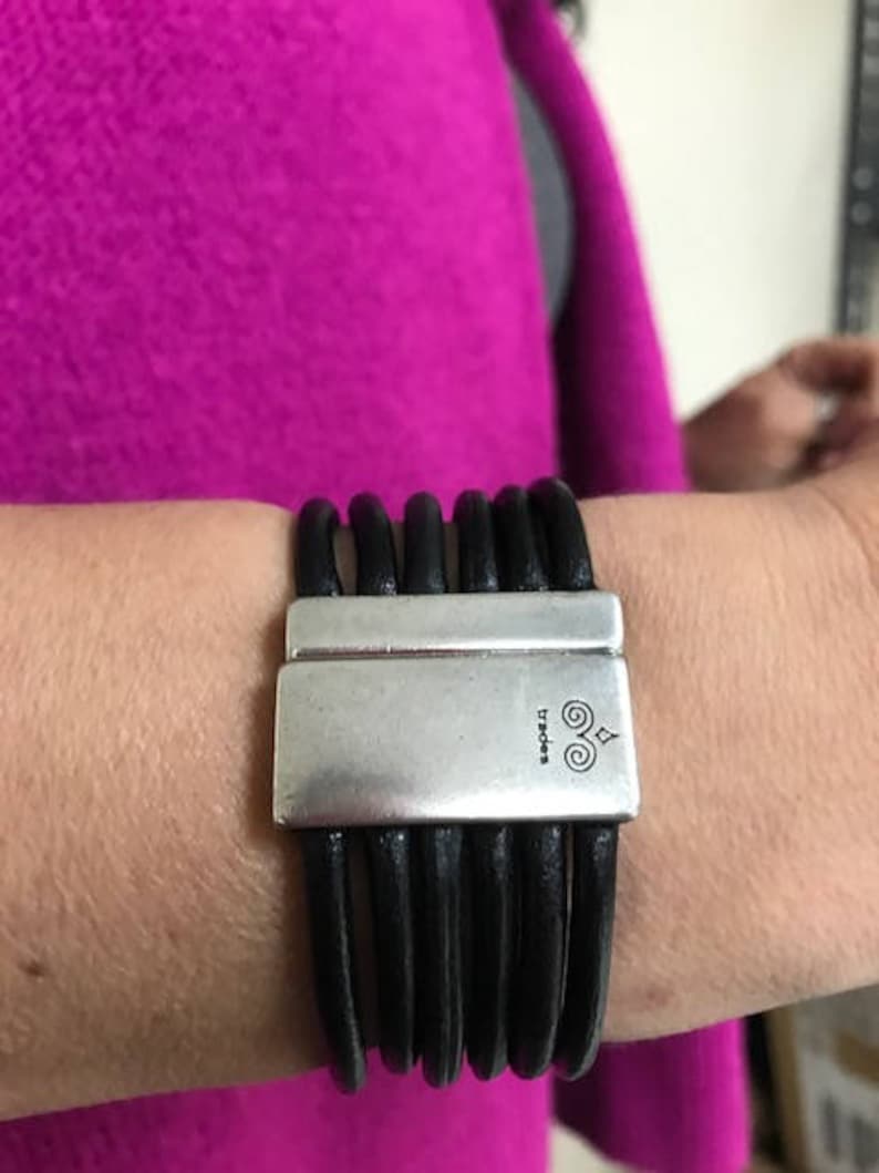 Trades by Haim Shahar leather bracelet with sterling silver plated bars bold Uno de 50 style magnetic clasp wide cuff handmade in Spain