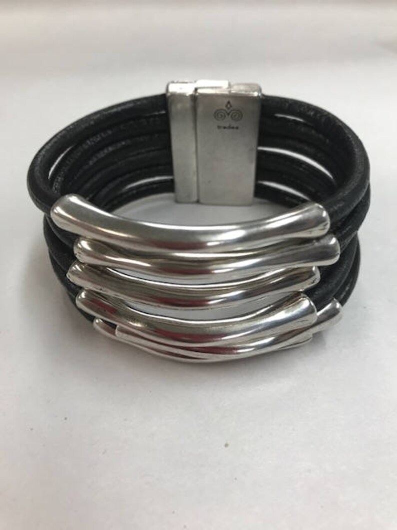 Trades by Haim Shahar leather bracelet with sterling silver plated bars bold Uno de 50 style magnetic clasp wide cuff handmade in Spain