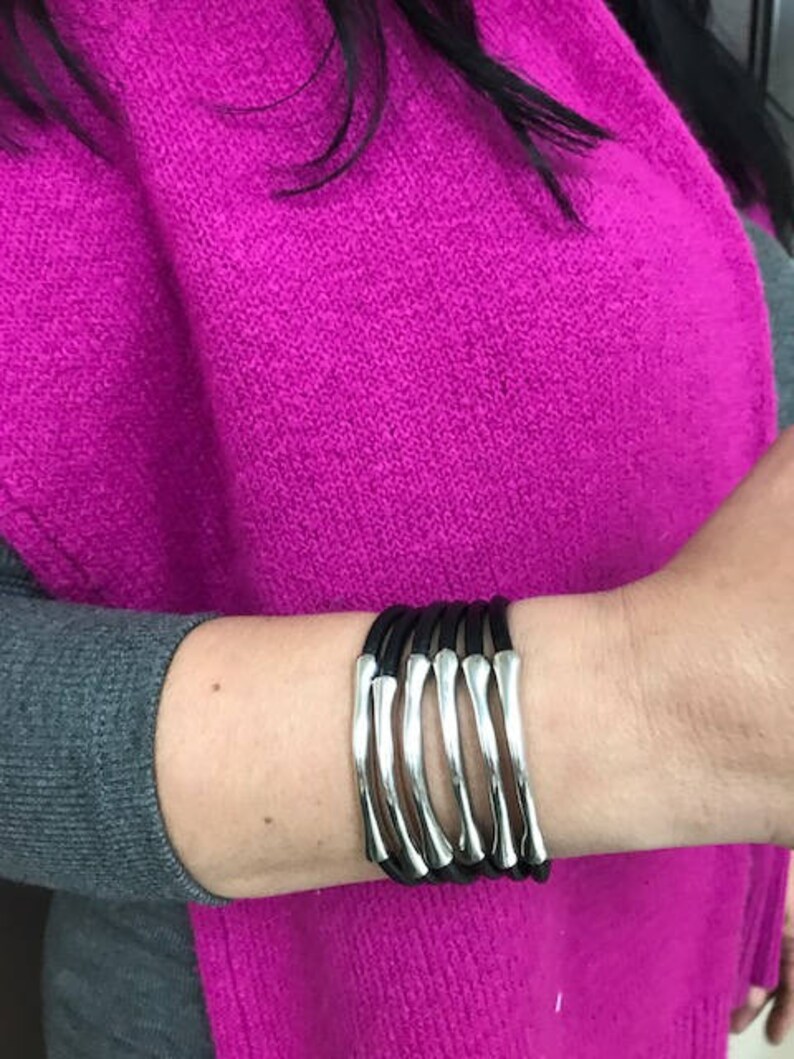 Trades by Haim Shahar leather bracelet with sterling silver plated bars bold Uno de 50 style magnetic clasp wide cuff handmade in Spain