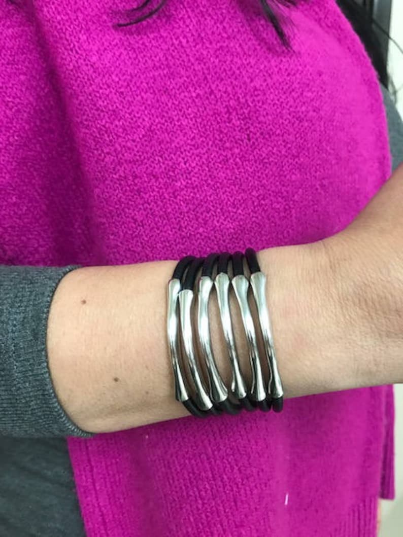 Trades by Haim Shahar leather bracelet with sterling silver plated bars bold Uno de 50 style magnetic clasp wide cuff handmade in Spain