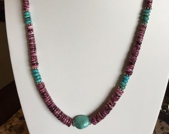 Purple Spiny Oyster and Turquoise Necklace and Earring Set