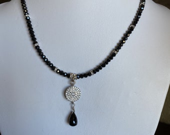 Black faceted crystal necklace with pave cz pendant and black spinel briolette