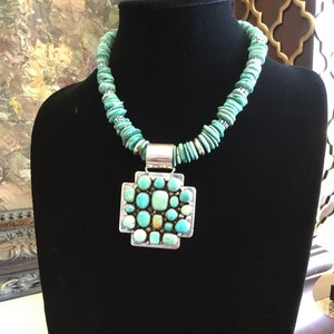 Original Artisan Sterling Silver Carico Lake Turquoise Cross Necklace