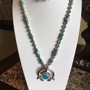 Artisan Sterling Silver Turquoise Naja with Bright Sterling Beads Necklace