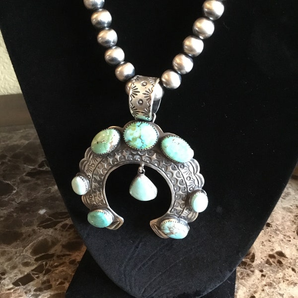 Sterling Silver Navajo Pearl necklace with Carico Lake turquoise nugget Naja pendant
