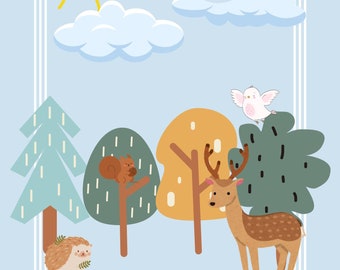 Digital Download - PNG File - Cute Animals in the Forest - digital poster