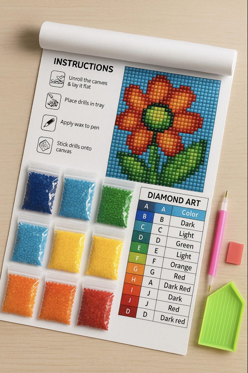 May include: Diamond art kit with a colorful flower design. Includes a canvas, bags of colored drills, a pink pen, a green tray, and an eraser. Instructions are printed on the top of the canvas.