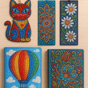 May include: A collection of decorative items including a cat-shaped keychain, two bookmarks, and two journals. The cat keychain is red, blue, and yellow. The bookmarks and journals feature colorful floral and geometric designs. The journal covers have a hot air balloon and floral pattern.