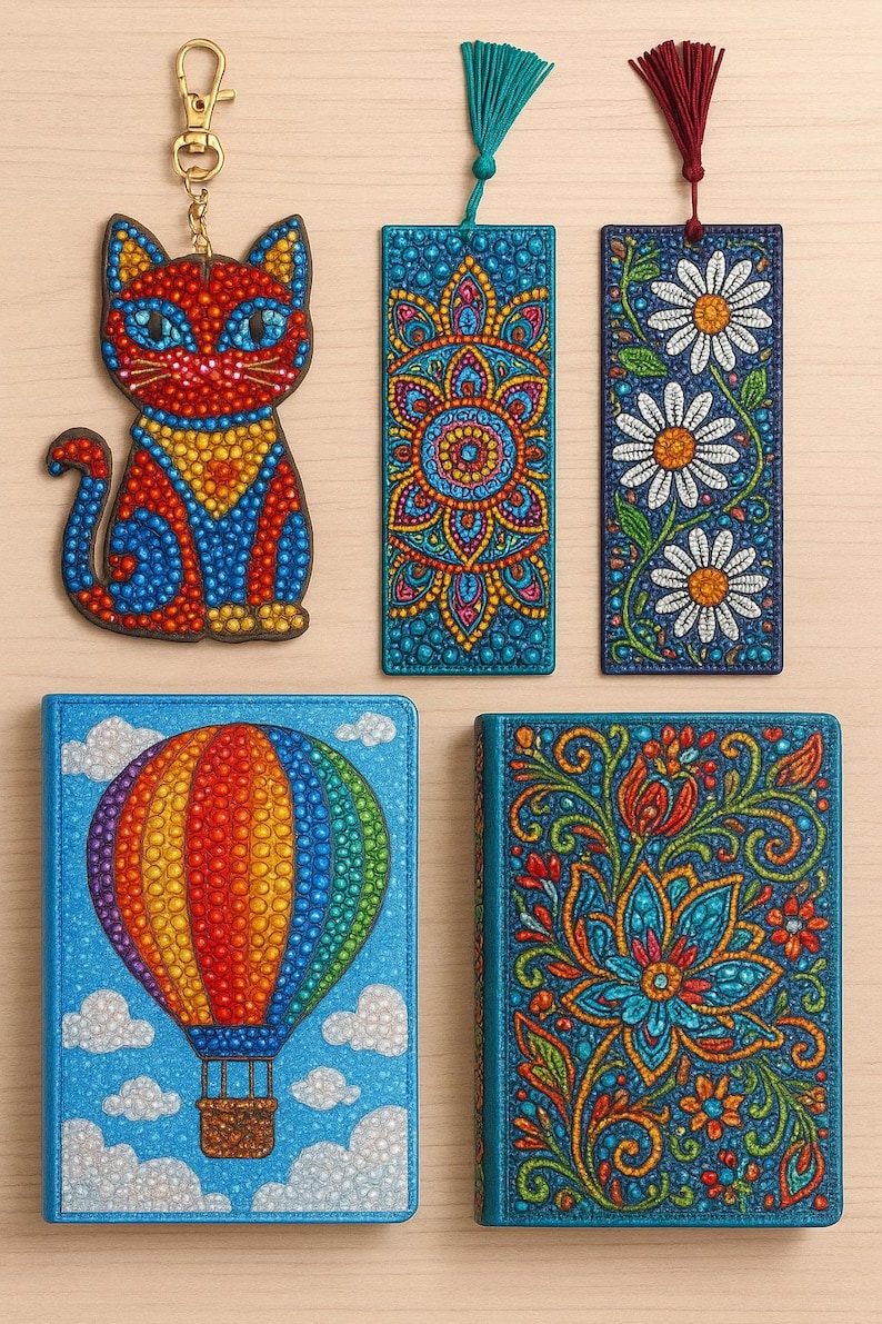 May include: A collection of decorative items including a cat-shaped keychain, two bookmarks, and two journals. The cat keychain is red, blue, and yellow. The bookmarks and journals feature colorful floral and geometric designs. The journal covers have a hot air balloon and floral pattern.