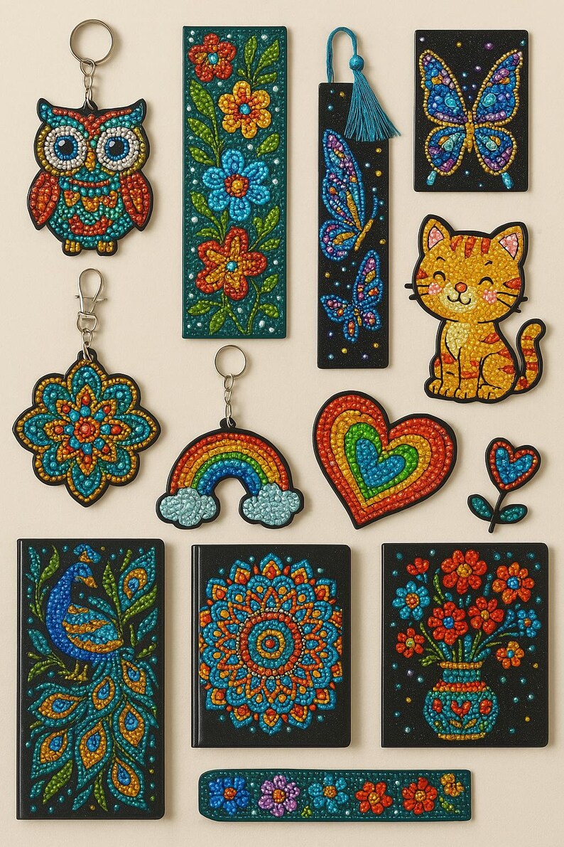 May include: A collection of colorful, beaded art pieces including keychains, bookmarks, and small notebooks. Designs feature an owl, peacock, rainbow, butterflies, flowers, a cat, a heart, and a mandala, all with intricate dot patterns.