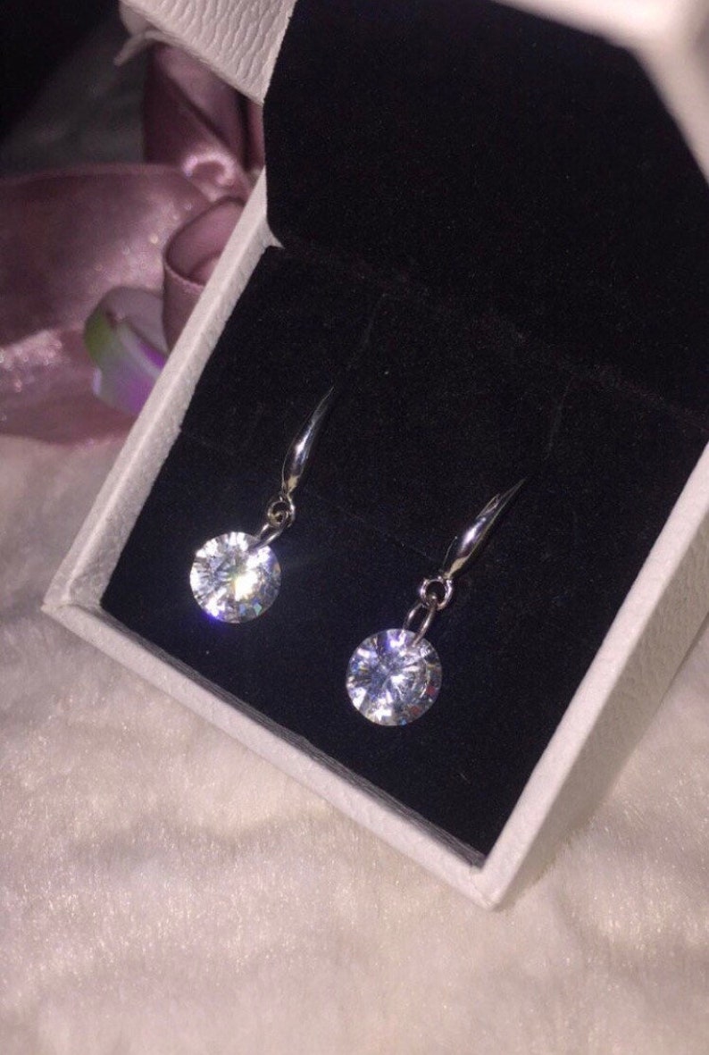 Genuine S925 Solid Sterling Silver 8mm Zirocnia Crystal Dangle Bridal Earrings