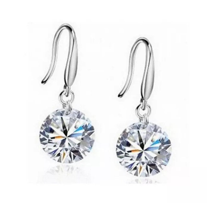 Genuine S925 Solid Sterling Silver 8mm Zirocnia Crystal Dangle Bridal Earrings