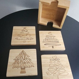 Merry Christmas Coasters, Christmas Trees, Winter decor, Coaster Set, Bamboo Coaster, Housewarming Gift, Handmade