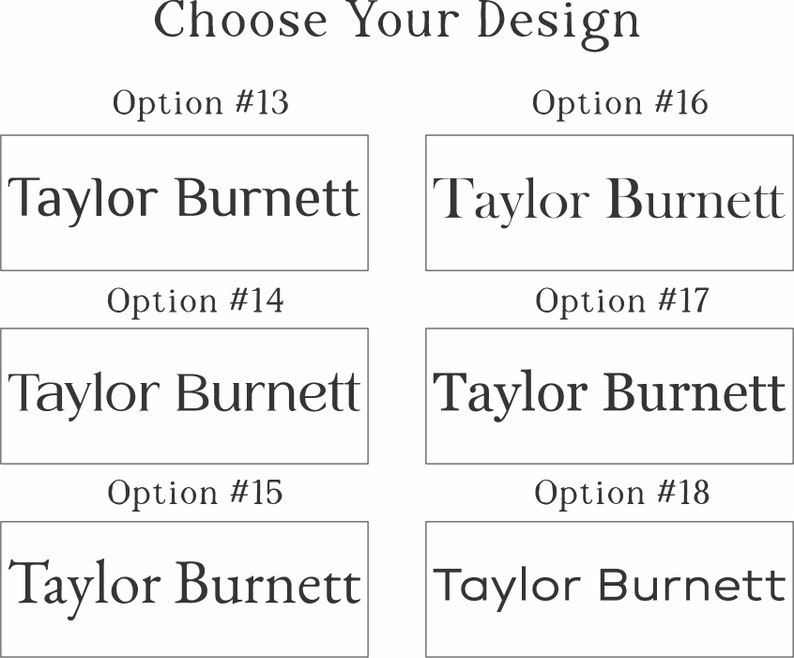 May include: A grid of six rectangular boxes, each containing the name Taylor Burnett in a distinct black serif or sans-serif font. The text above the grid reads Choose Your Design, with labels Option #13 through Option #18 identifying each specific font style.
