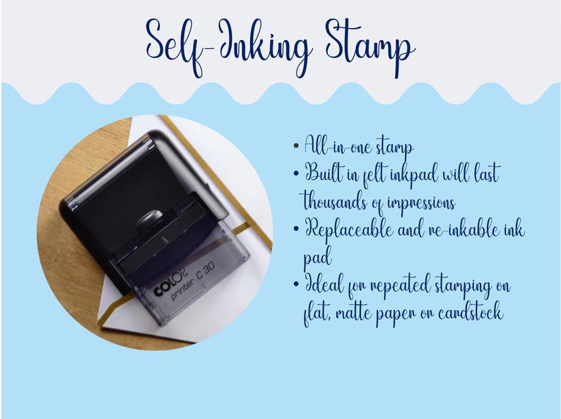 May include: A black self-inking stamp with a clear base labeled Colop Printer C 30. The text reads: Self-Inking Stamp, All-in-one stamp, Built in felt inkpad will last thousands of impressions, Replaceable and re-inkable ink pad, Ideal for repeated stamping on flat, matte paper on cardstock.