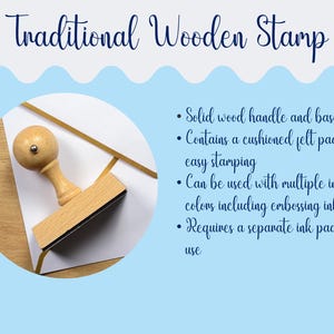 May include: A traditional wooden stamp with a round handle and a rectangular base. The text reads Traditional Wooden Stamp. Features include a solid wood handle and base, a cushioned felt pad for stamping, and compatibility with multiple ink colors.