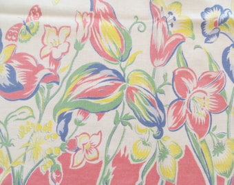 Vintage Cotton Tablecloth Pastel Flowers 1950's Cottage Shabby Chic