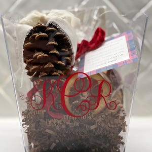 May include: A clear plastic container filled with a pine cone, dried orange slices, and shredded brown paper. A red ribbon and a tag with text are visible. The container has a red monogram design. The overall theme is a gift basket.