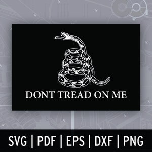 May include: A black and white image of a coiled rattlesnake with the words "Don't Tread On Me" below it.