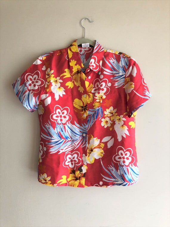 Silk Hawaiian Print Blouse Vintage 90's Tiki Red - image 1