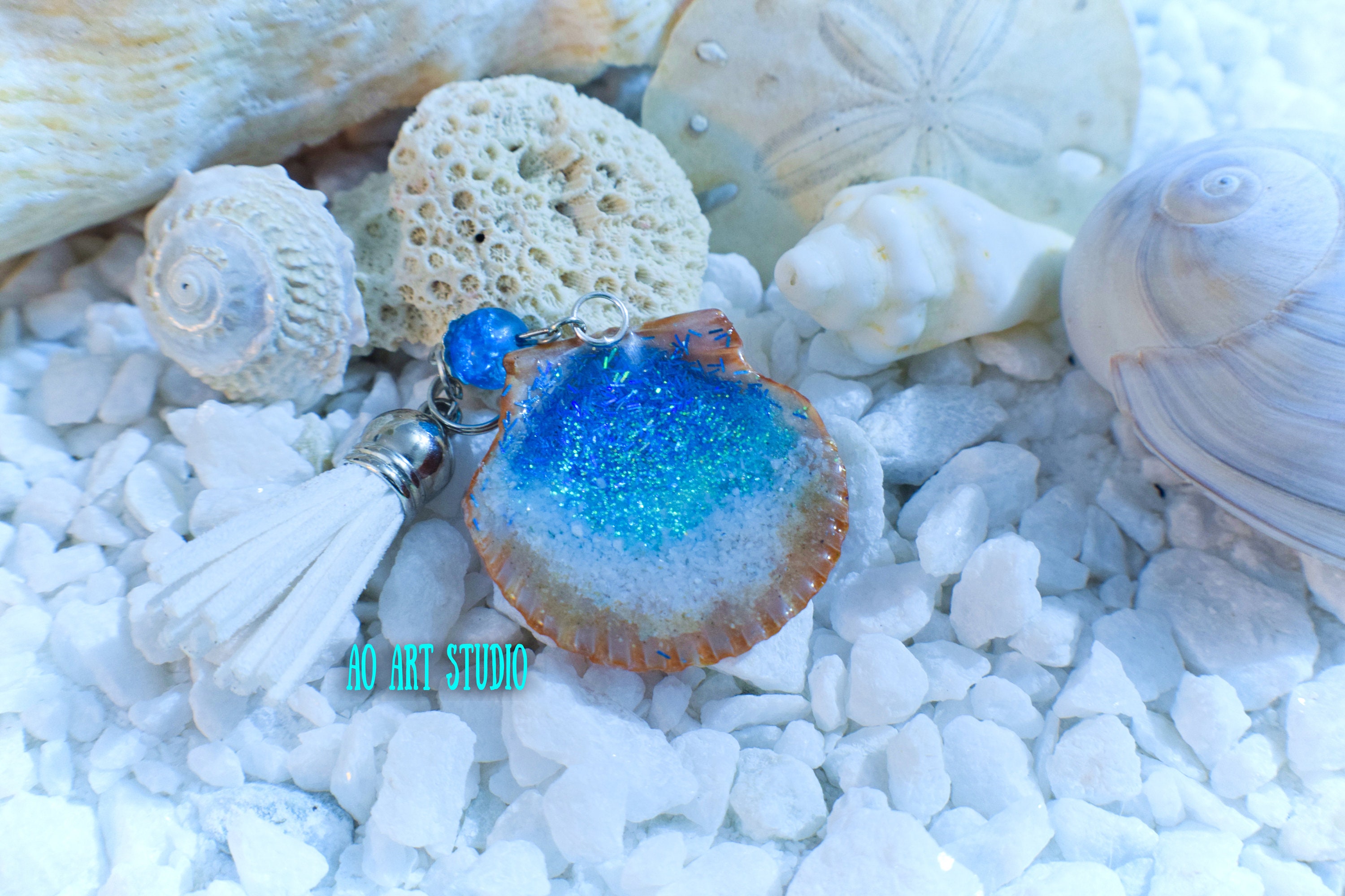 Schlüsselanhänger Mit Muscheln & Quaste – Strandstyle, Ca. 8,2 Cm, Bunt, Aus Harz